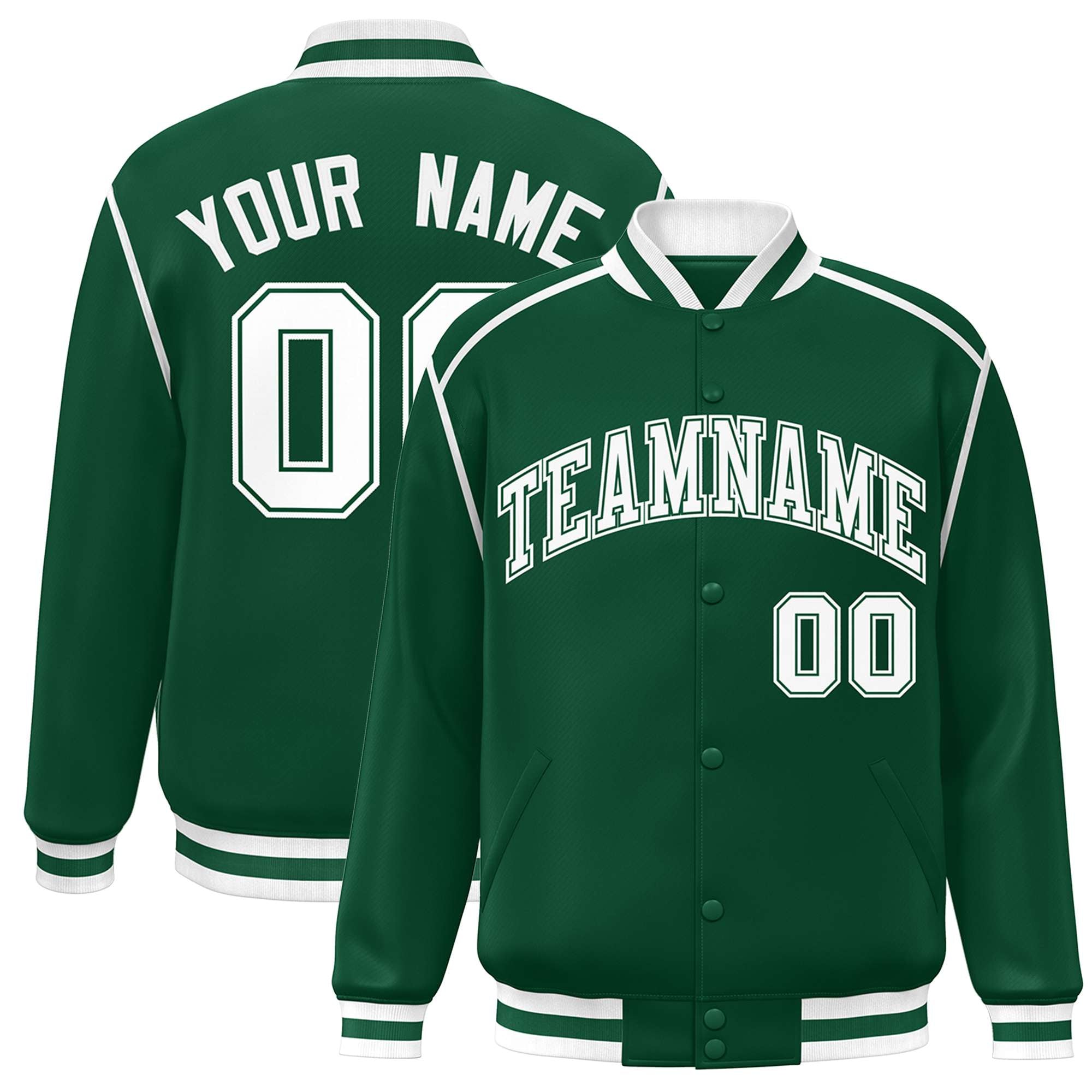 Custom Green White Color Block Ribbon Varsity Full-Snap Bomber Jacket