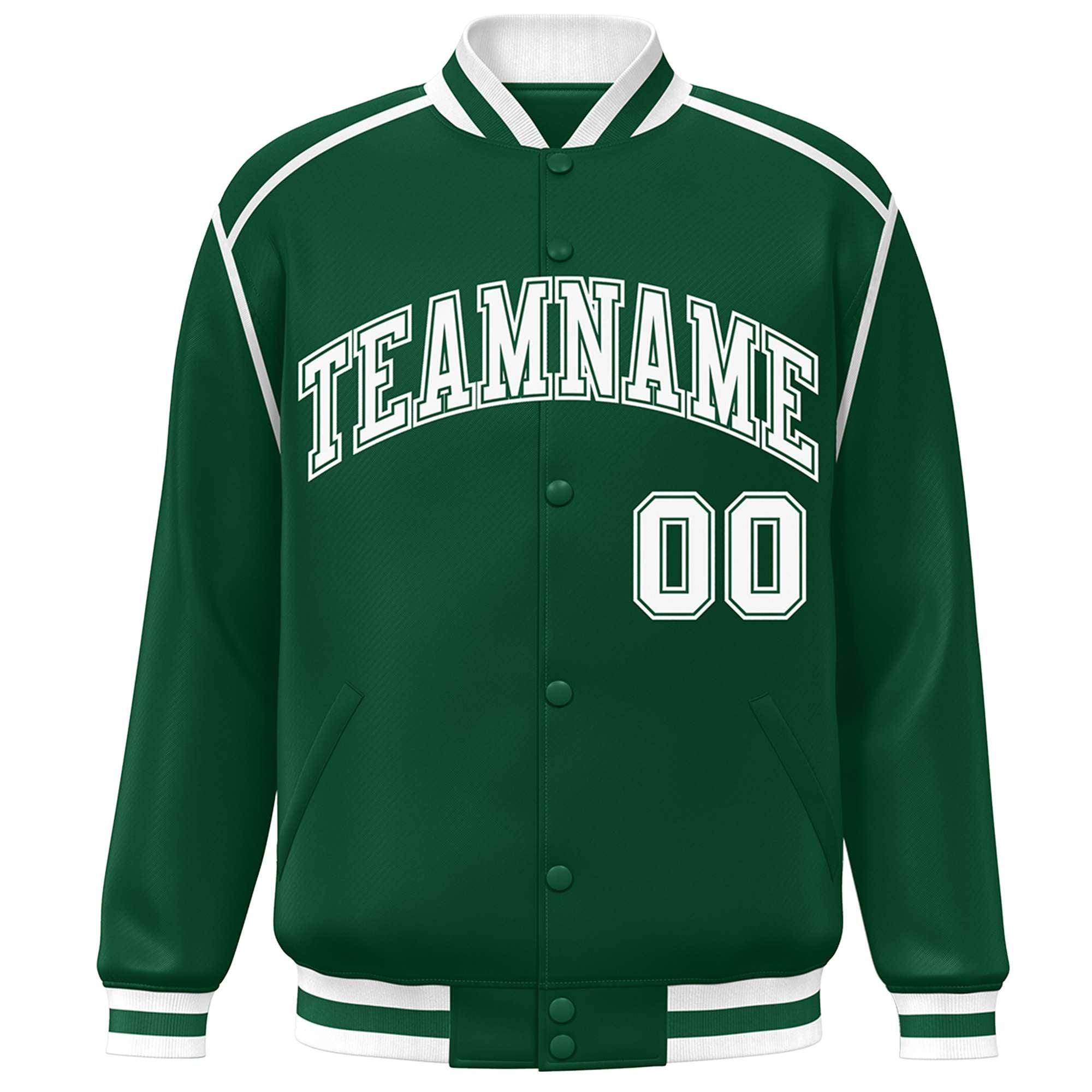 Custom Green White Color Block Ribbon Varsity Full-Snap Bomber Jacket