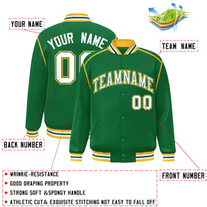 Custom Kelly Green White-Yellow Color Block Ribbon Varsity Full-Snap Bomber Jacket