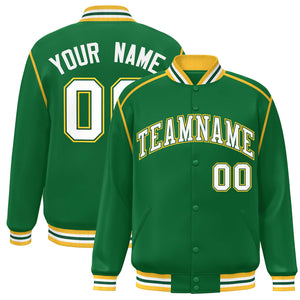 Custom Kelly Green White-Yellow Color Block Ribbon Varsity Full-Snap Bomber Jacket