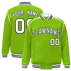 Custom Neon Green White-Navy Color Block Ribbon Varsity Full-Snap Bomber Jacket