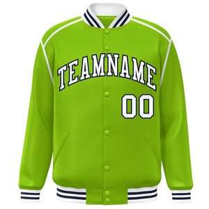 Custom Neon Green White-Navy Color Block Ribbon Varsity Full-Snap Bomber Jacket