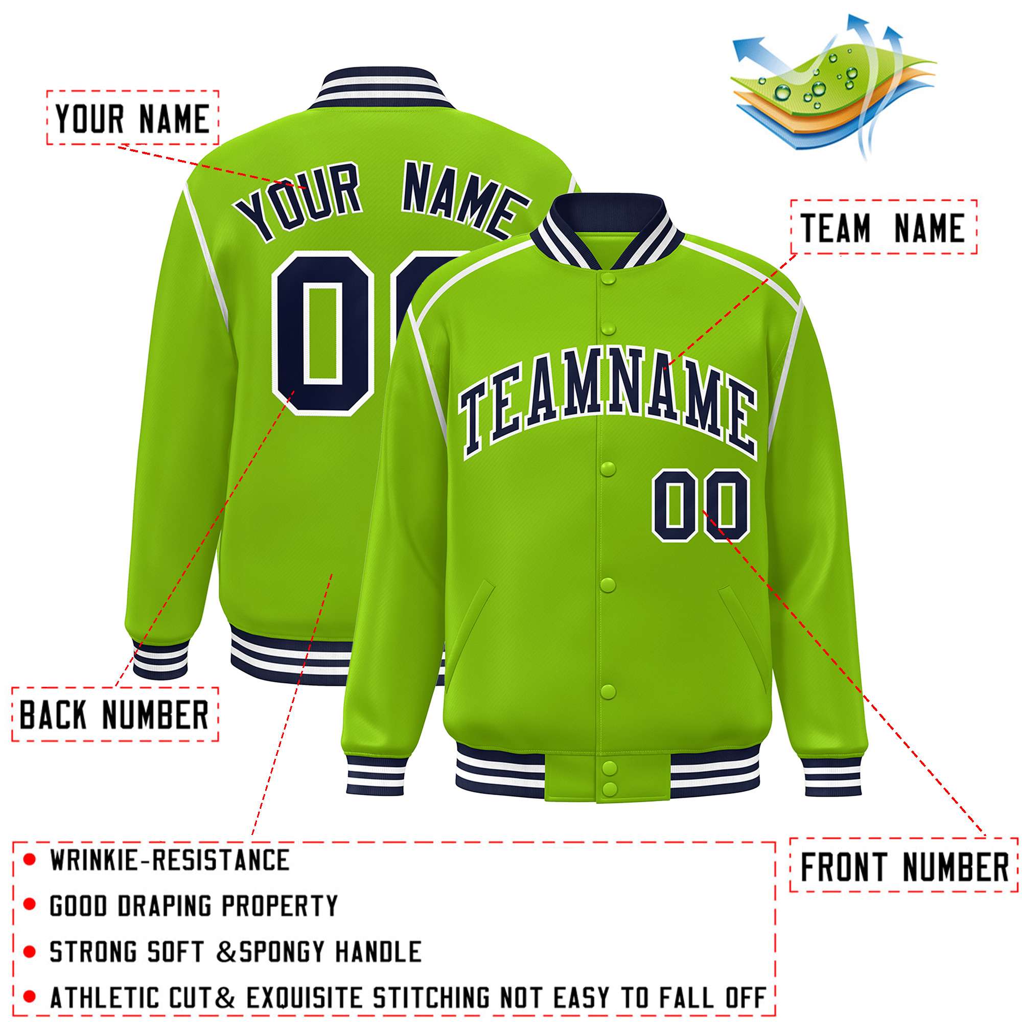 Custom Neon Green Navy-White Color Block Ribbon Varsity Full-Snap Bomber Jacket