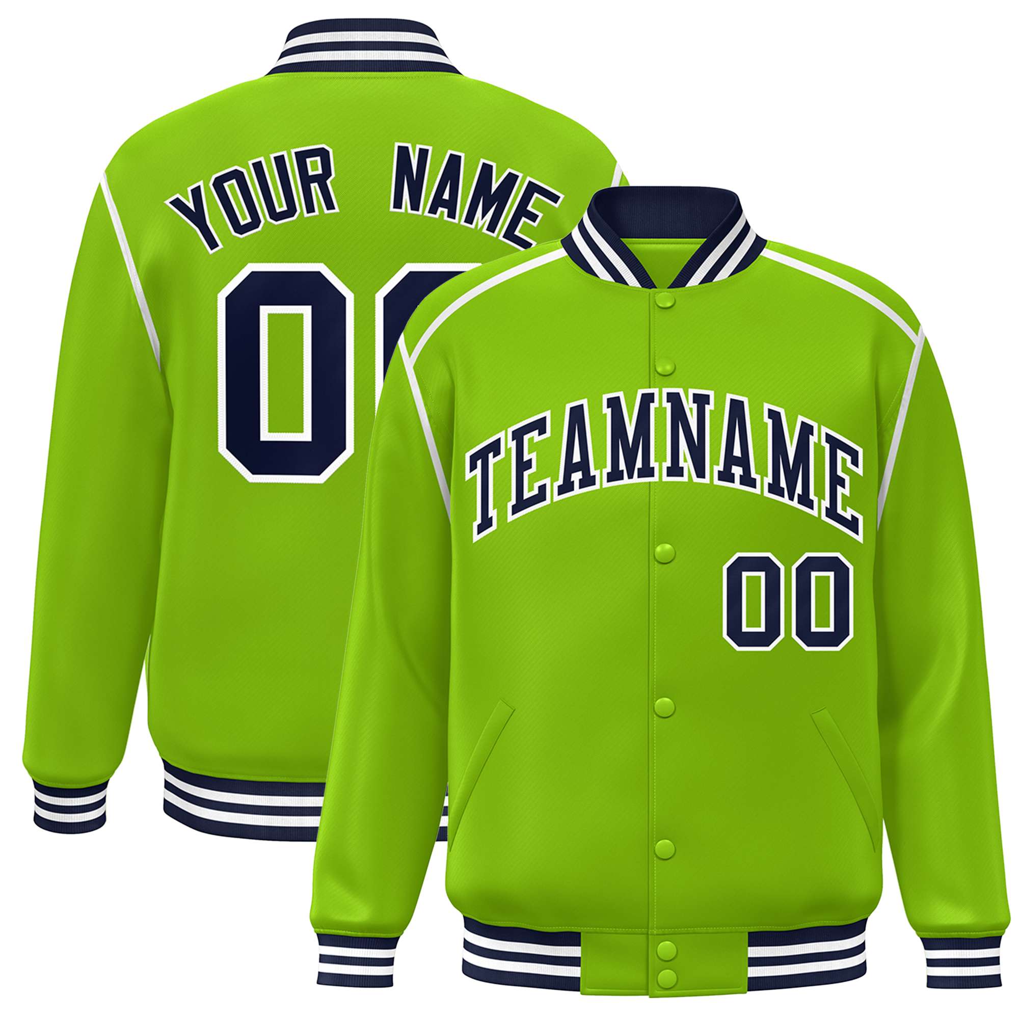 Custom Neon Green Navy-White Color Block Ribbon Varsity Full-Snap Bomber Jacket