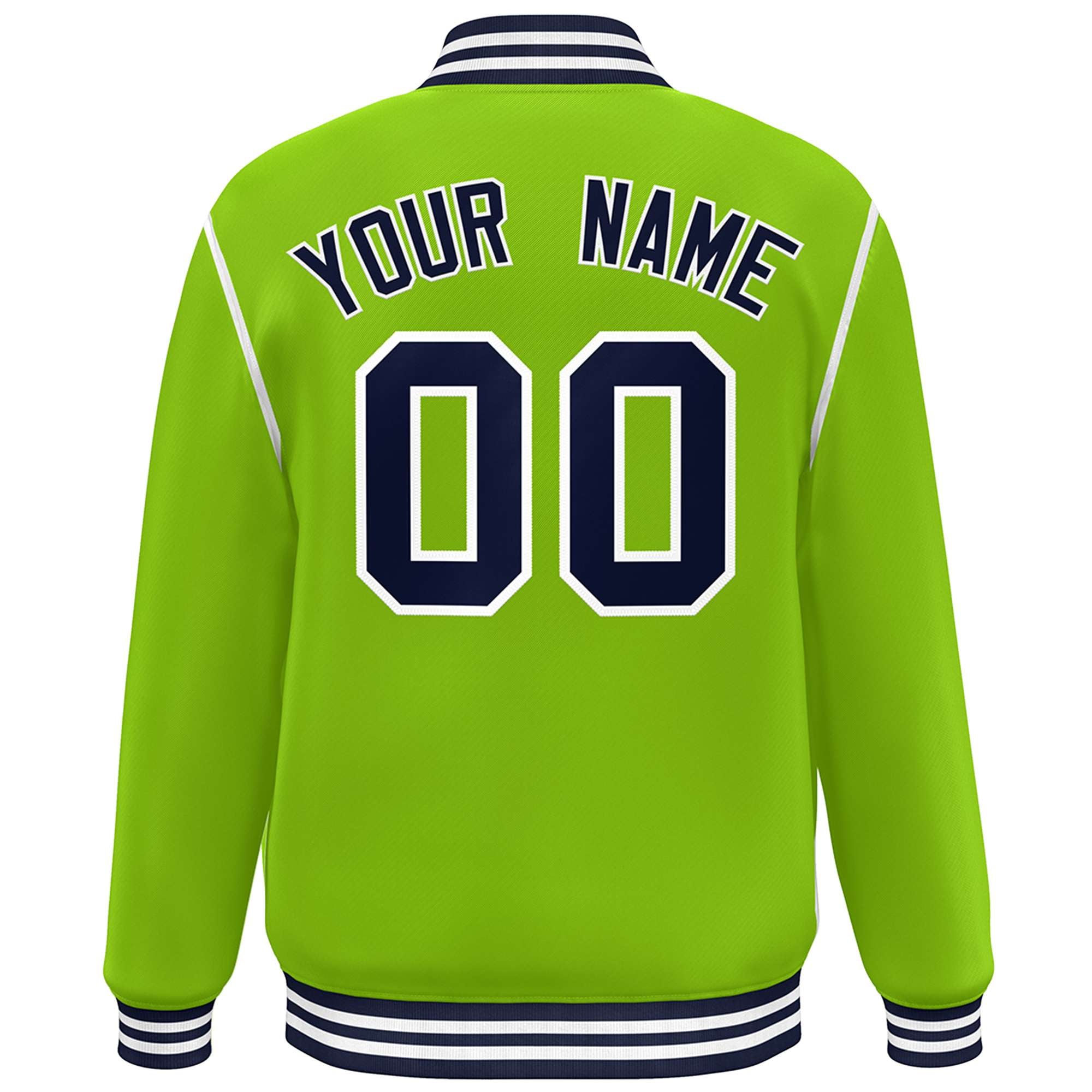 Custom Neon Green Navy-White Color Block Ribbon Varsity Full-Snap Bomber Jacket