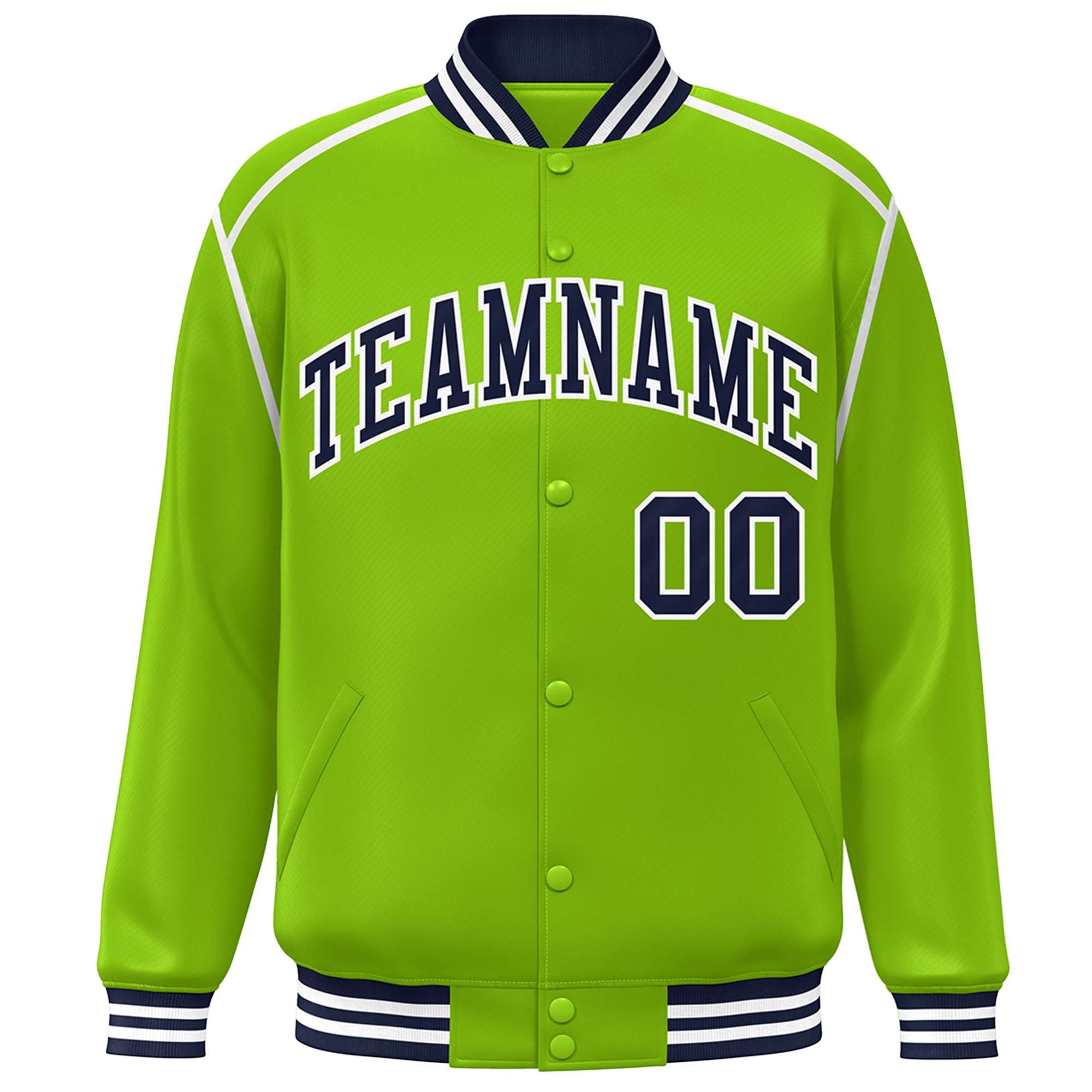 Custom Neon Green Navy-White Color Block Ribbon Varsity Full-Snap Bomber Jacket