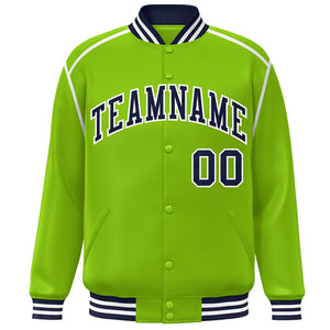 Custom Neon Green Navy-White Color Block Ribbon Varsity Full-Snap Bomber Jacket