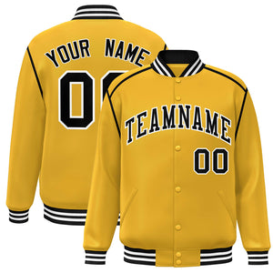 Custom Yellow Black-White Color Block Ribbon Varsity Full-Snap Bomber Jacket