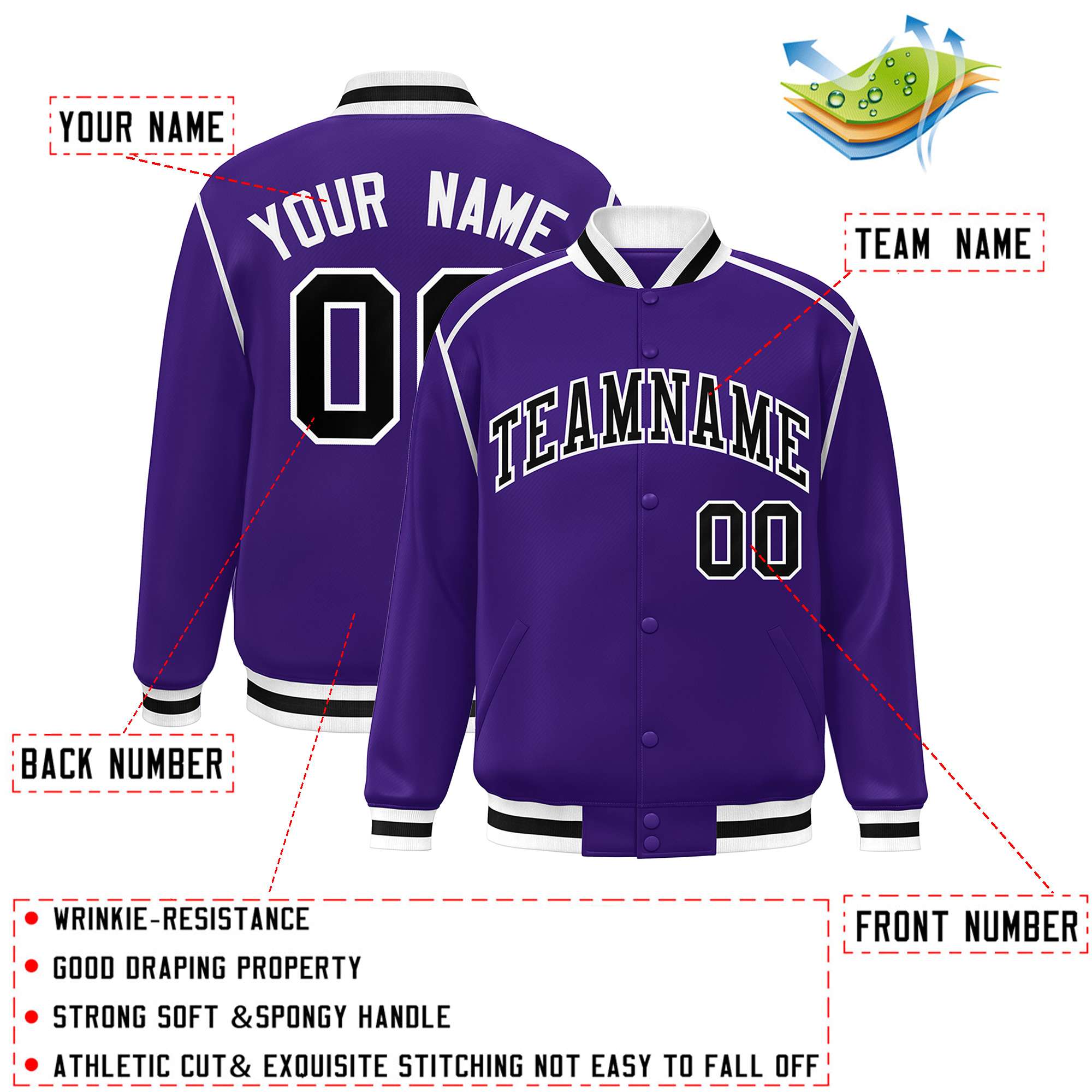 Custom Purple Black-White Color Block Ribbon Varsity Full-Snap Bomber Jacket