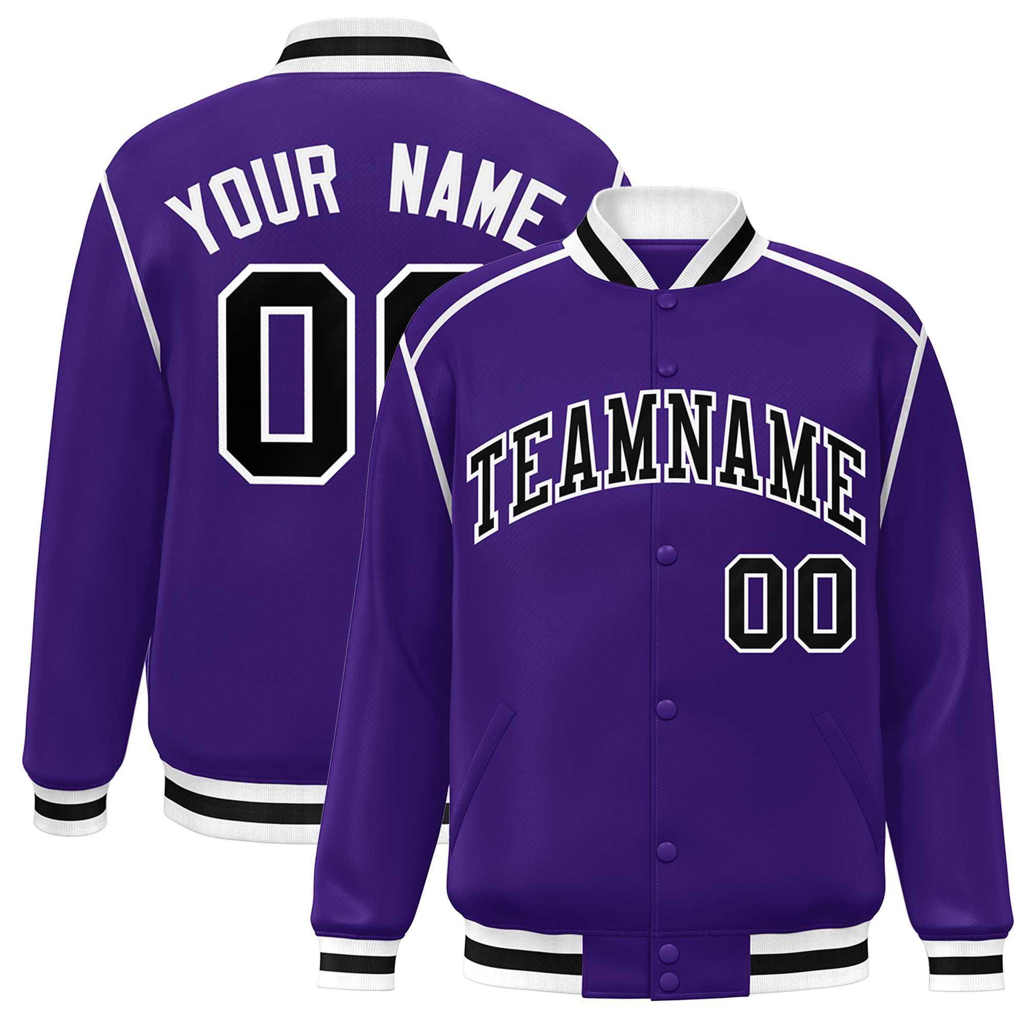 Custom Purple Black-White Color Block Ribbon Varsity Full-Snap Bomber Jacket