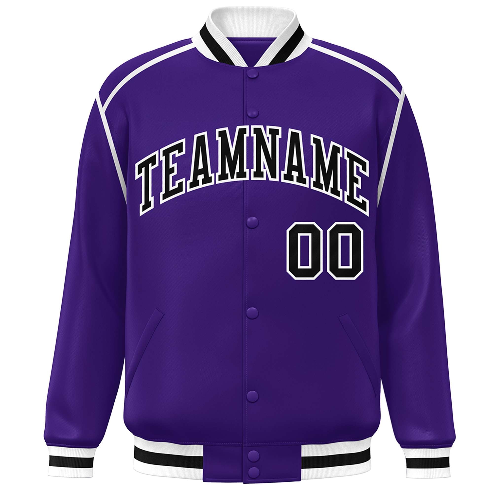 Custom Purple Black-White Color Block Ribbon Varsity Full-Snap Bomber Jacket