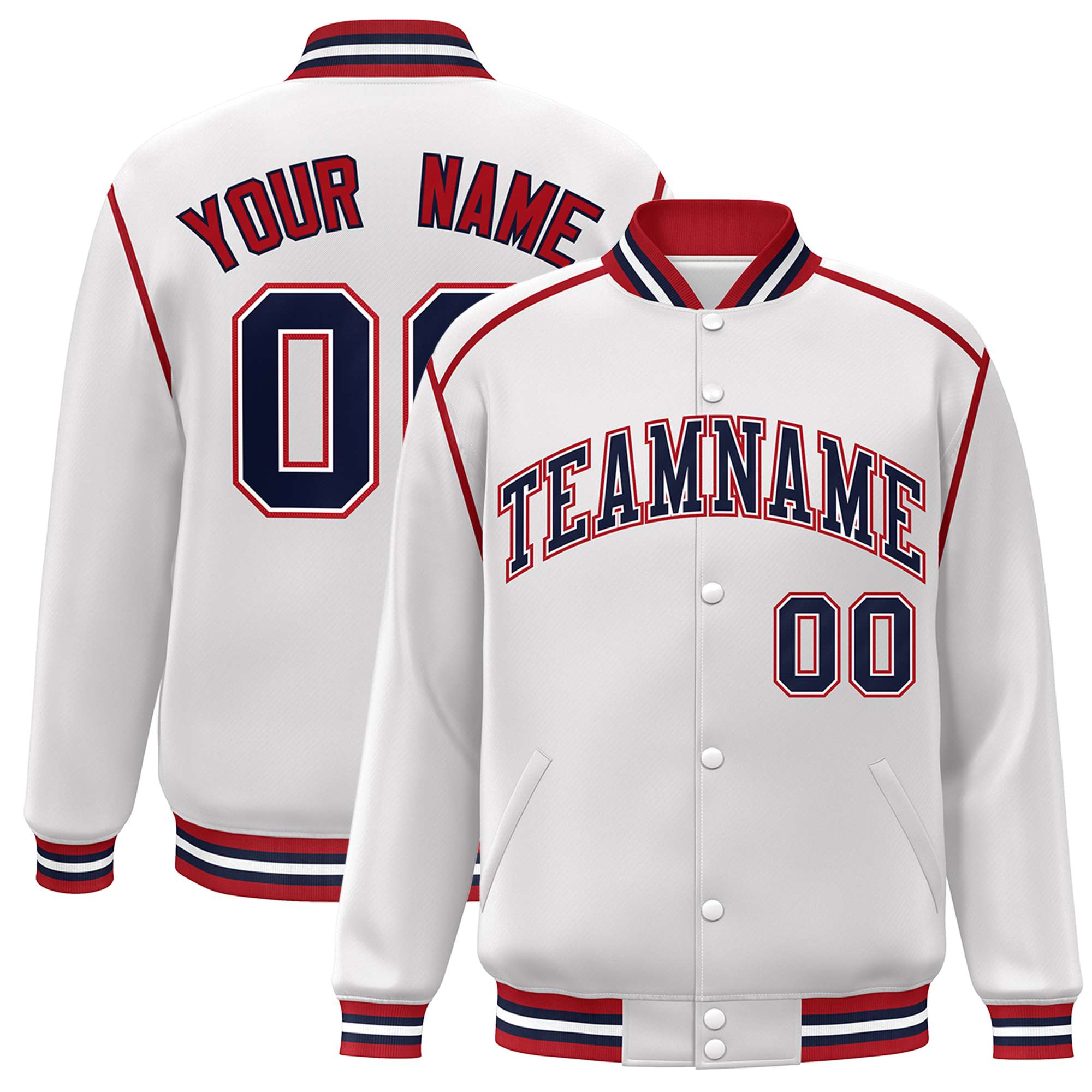 Custom White Navy-Red Color Block Ribbon Varsity Full-Snap Bomber Jacket