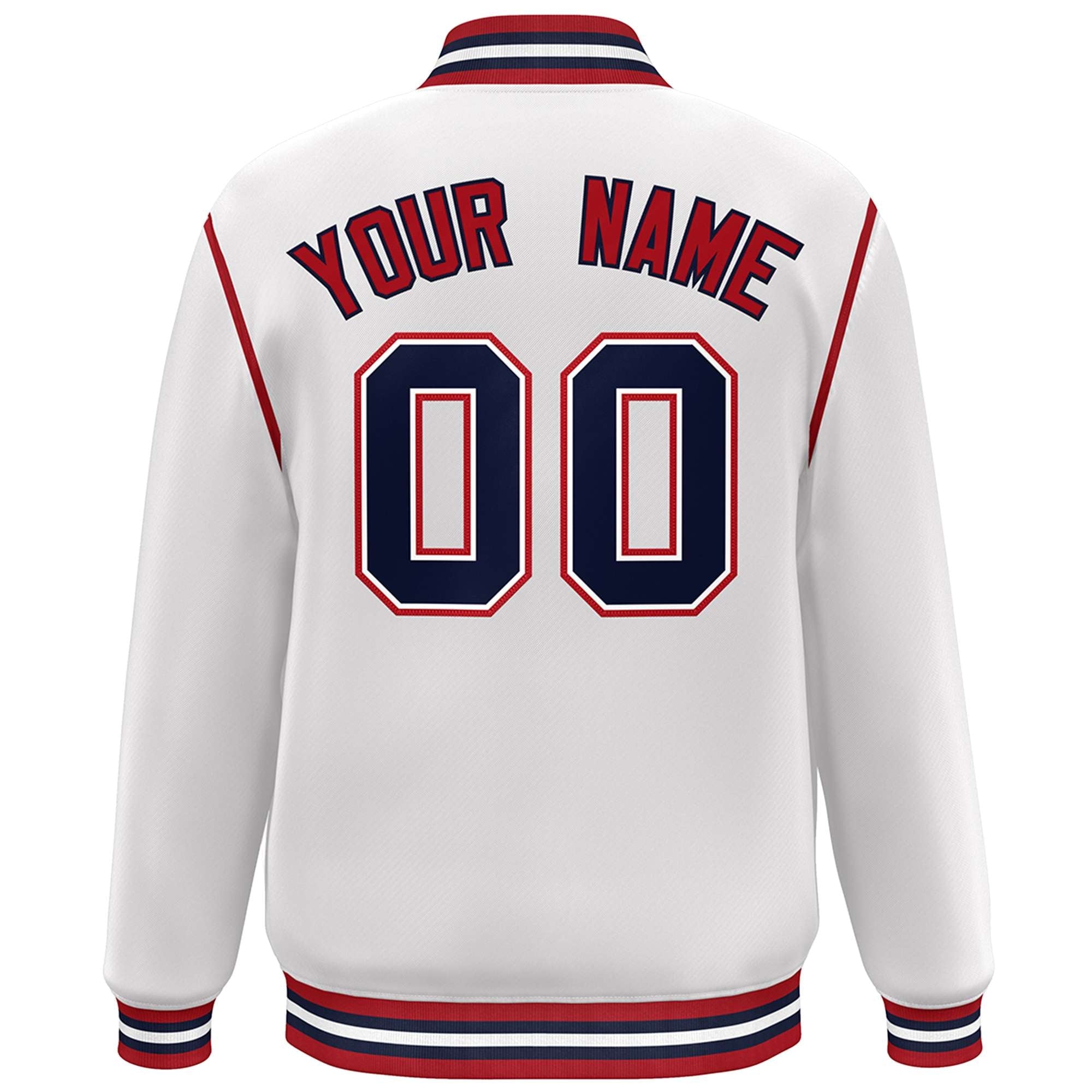 Custom White Navy-Red Color Block Ribbon Varsity Full-Snap Bomber Jacket