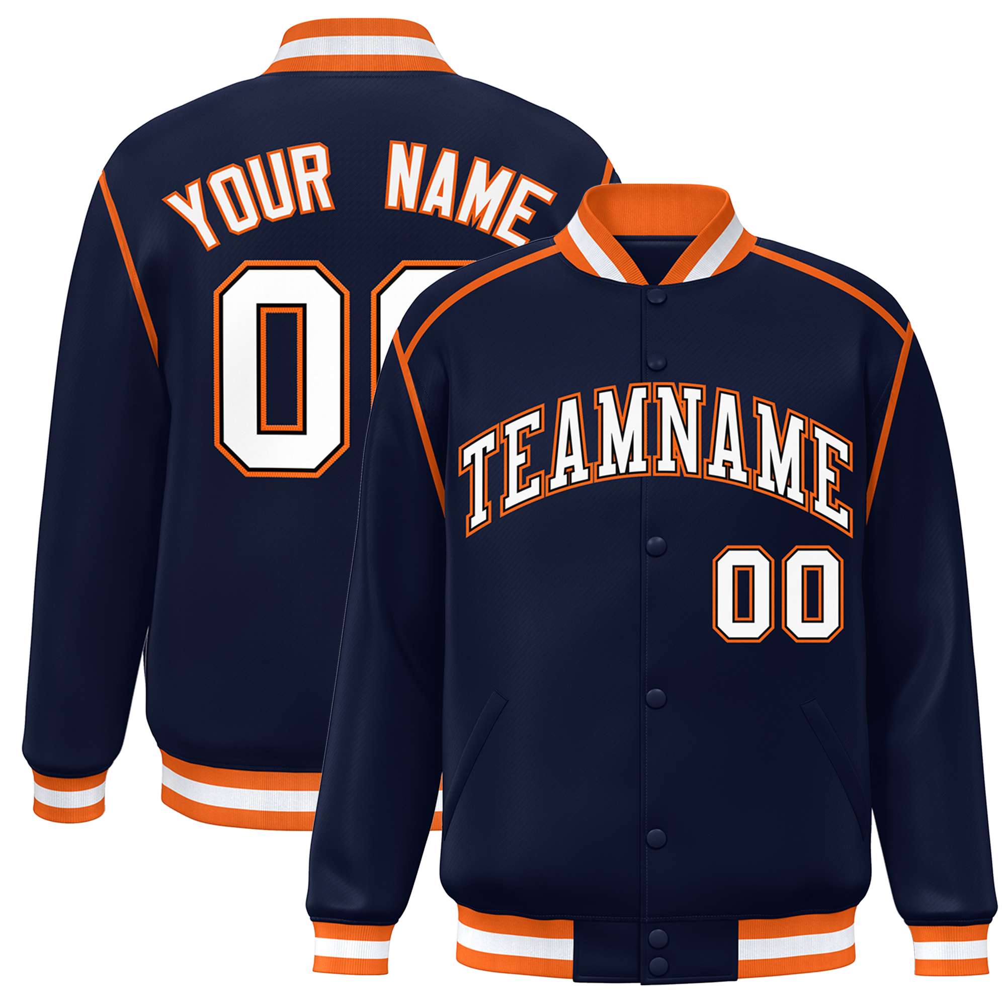 Custom Navy White-Orange Color Block Ribbon Varsity Full-Snap Bomber Jacket