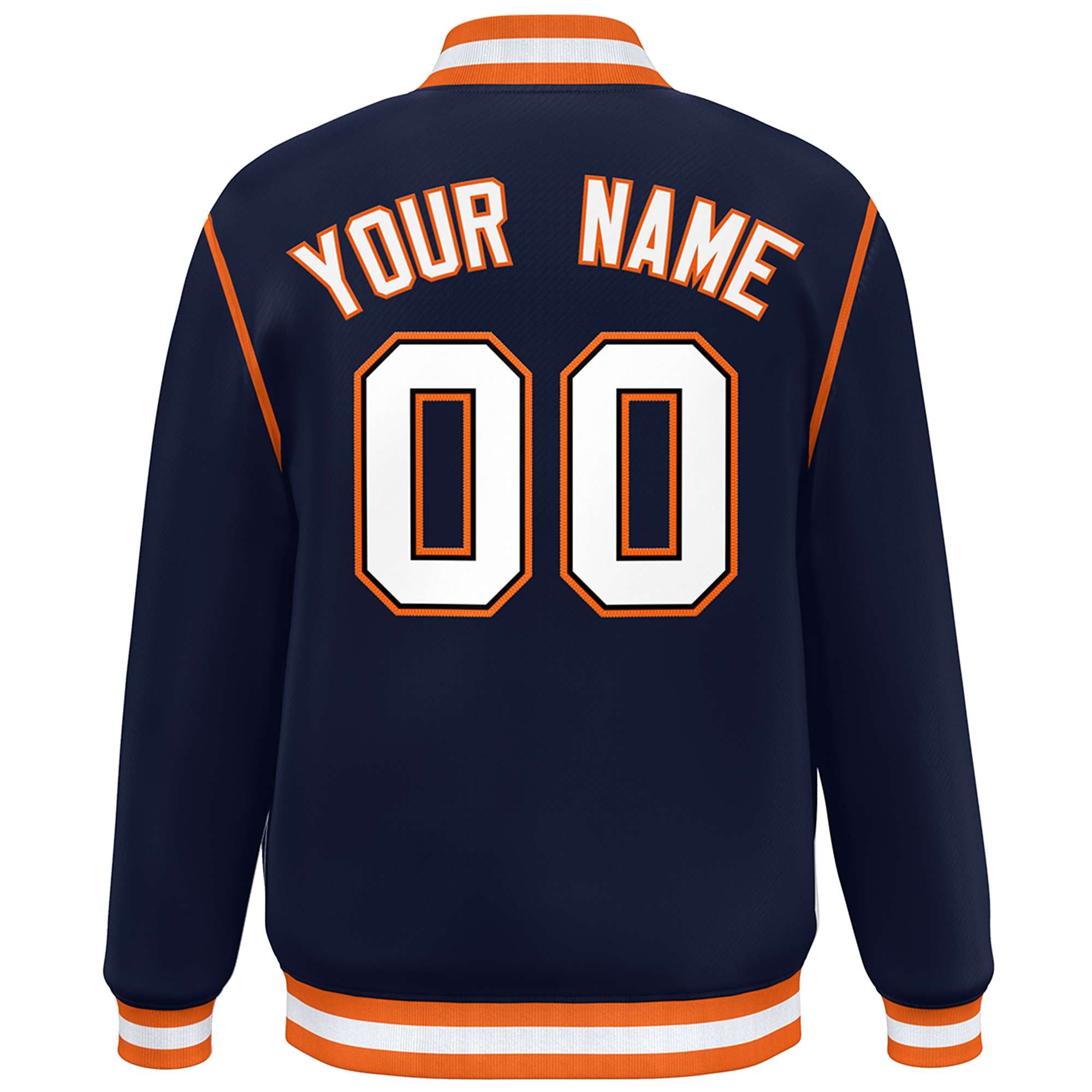 Custom Navy White-Orange Color Block Ribbon Varsity Full-Snap Bomber Jacket