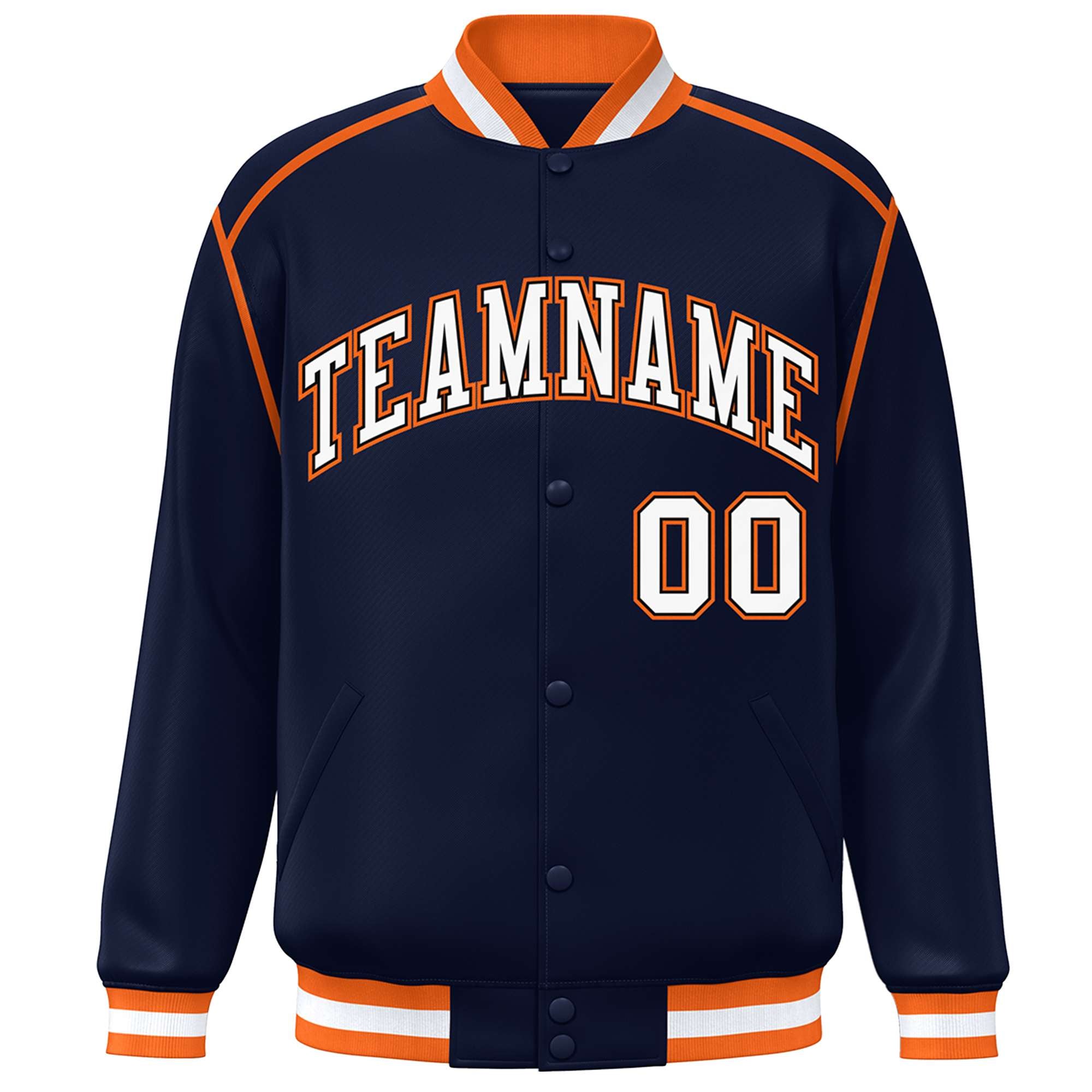 Custom Navy White-Orange Color Block Ribbon Varsity Full-Snap Bomber Jacket