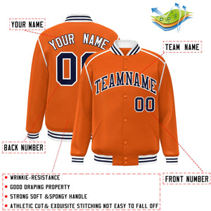 Custom Orange Navy-White Color Block Ribbon Varsity Full-Snap Bomber Jacket