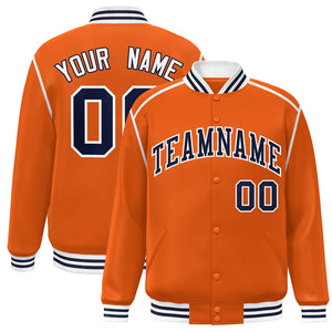 Custom Orange Navy-White Color Block Ribbon Varsity Full-Snap Bomber Jacket