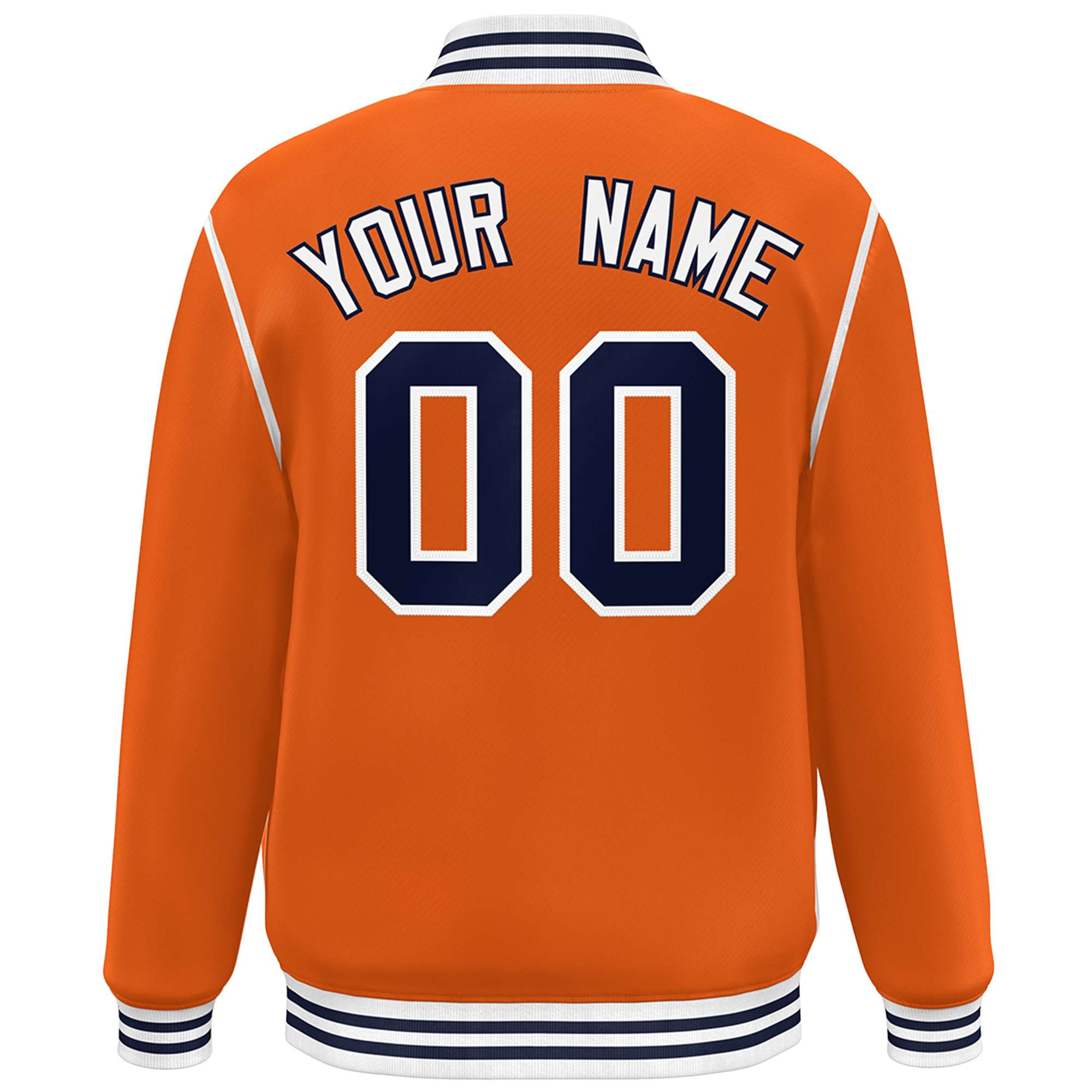 Custom Orange Navy-White Color Block Ribbon Varsity Full-Snap Bomber Jacket