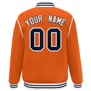 Custom Orange Navy-White Color Block Ribbon Varsity Full-Snap Bomber Jacket