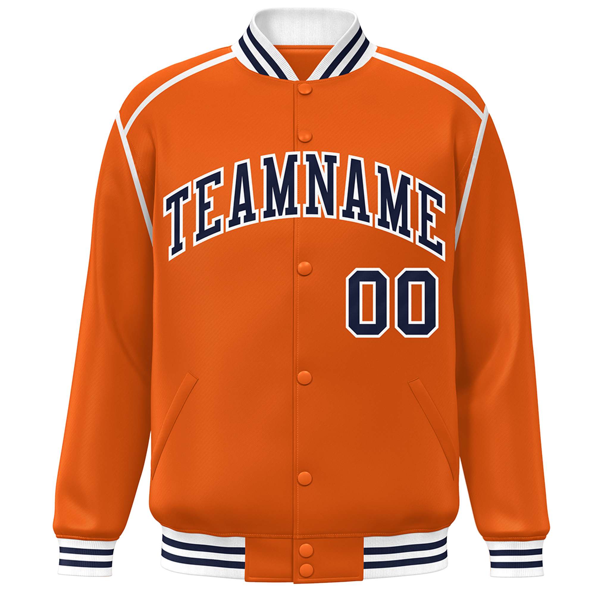 Custom Orange Navy-White Color Block Ribbon Varsity Full-Snap Bomber Jacket