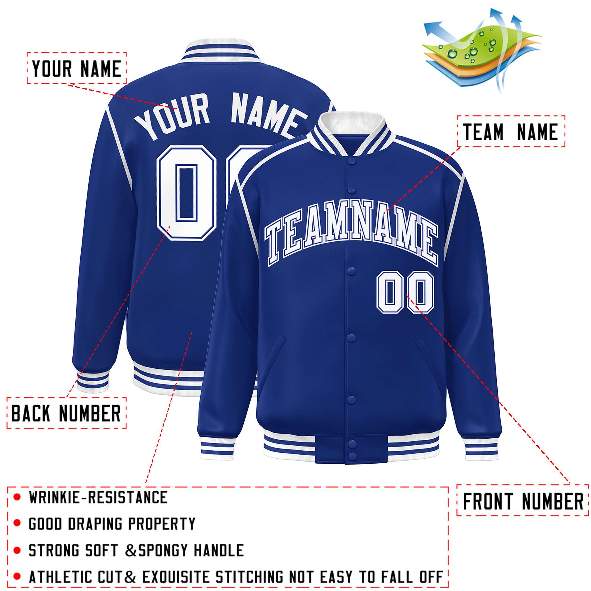 Custom Royal White Color Block Ribbon Varsity Full-Snap Bomber Jacket