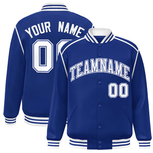 Custom Royal White Color Block Ribbon Varsity Full-Snap Bomber Jacket