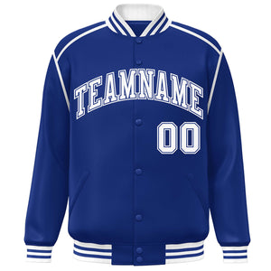 Custom Royal White Color Block Ribbon Varsity Full-Snap Bomber Jacket