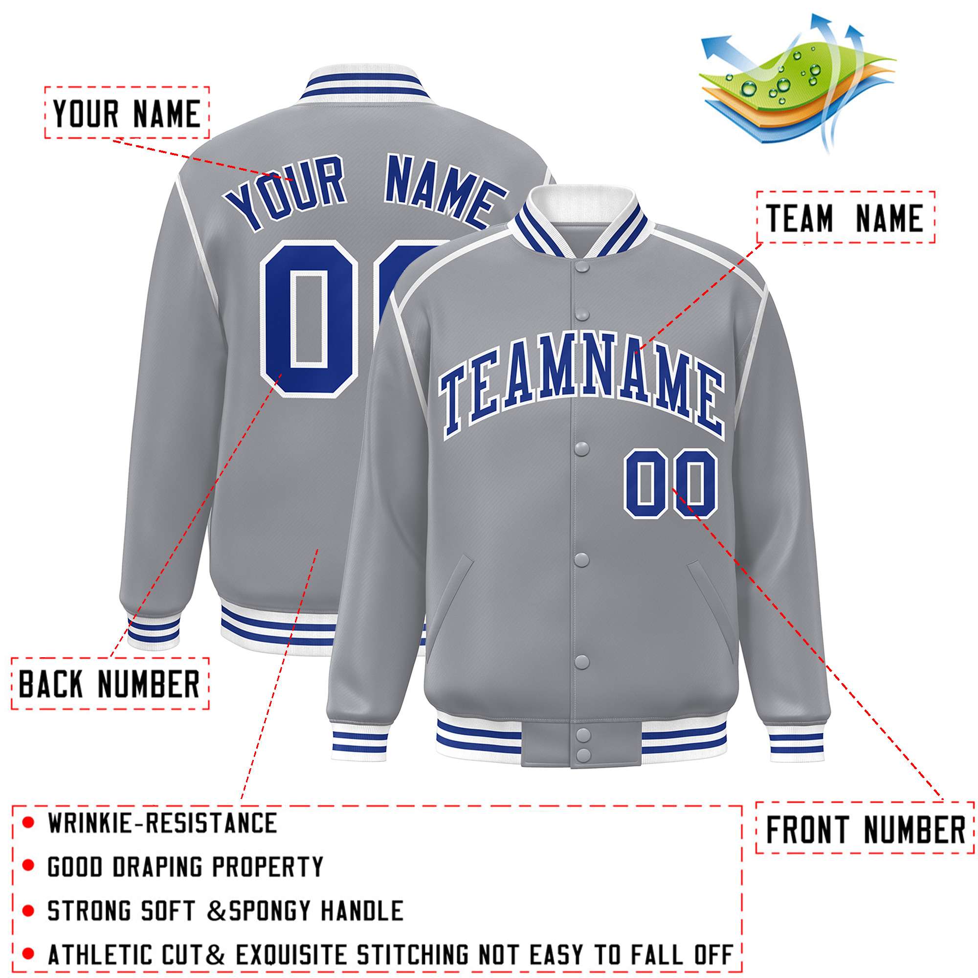 Custom Gray Royal-White Color Block Ribbon Varsity Full-Snap Bomber Jacket