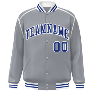 Custom Gray Royal-White Color Block Ribbon Varsity Full-Snap Bomber Jacket