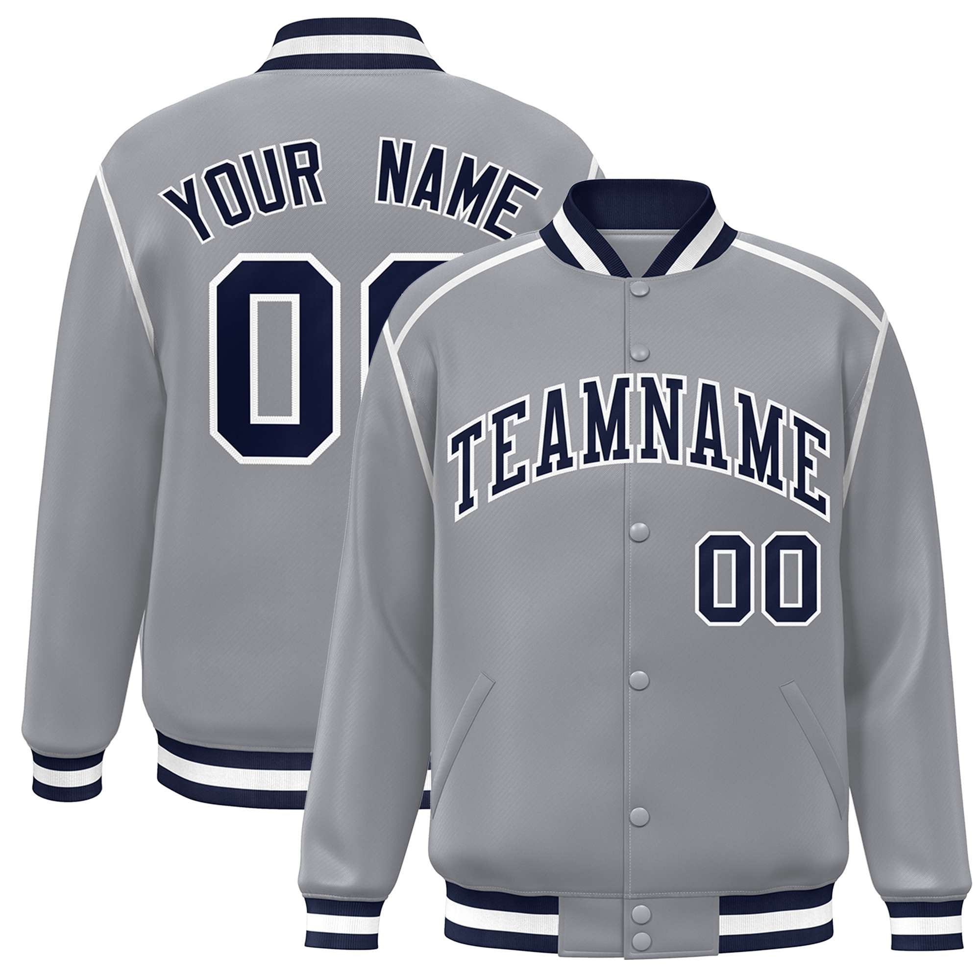 Custom Gray Navy-White Color Block Ribbon Varsity Full-Snap Bomber Jacket