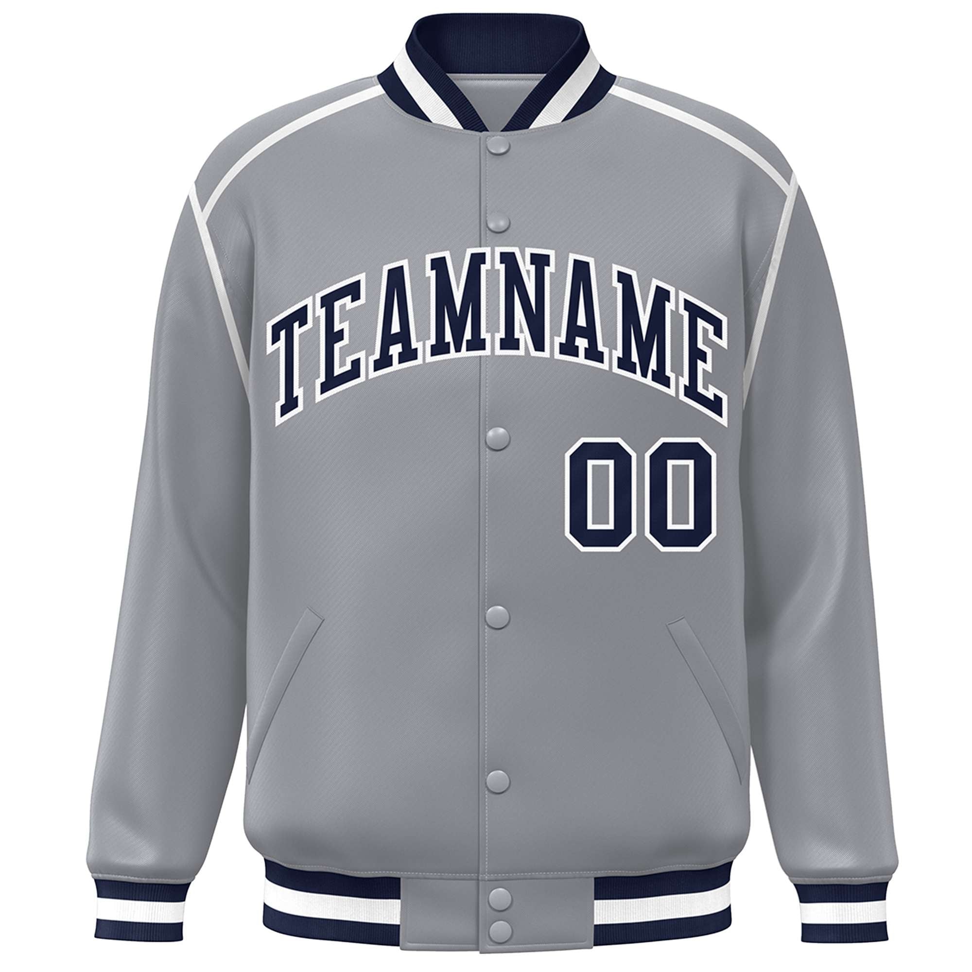 Custom Gray Navy-White Color Block Ribbon Varsity Full-Snap Bomber Jacket