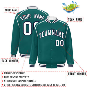 Custom Aqua White-Navy Color Block Ribbon Varsity Full-Snap Bomber Jacket