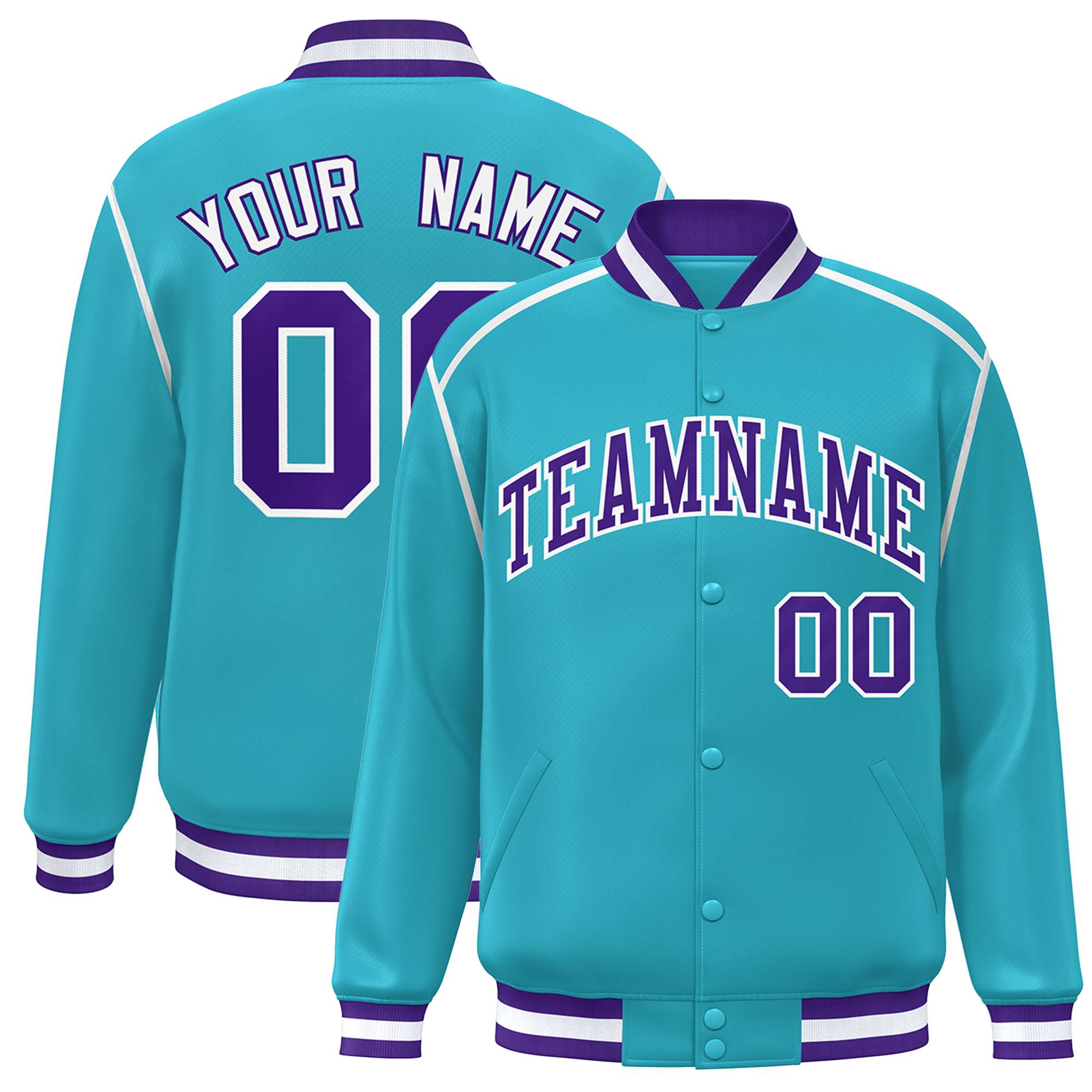 Custom Aqua Purple-White Color Block Ribbon Varsity Full-Snap Bomber Jacket