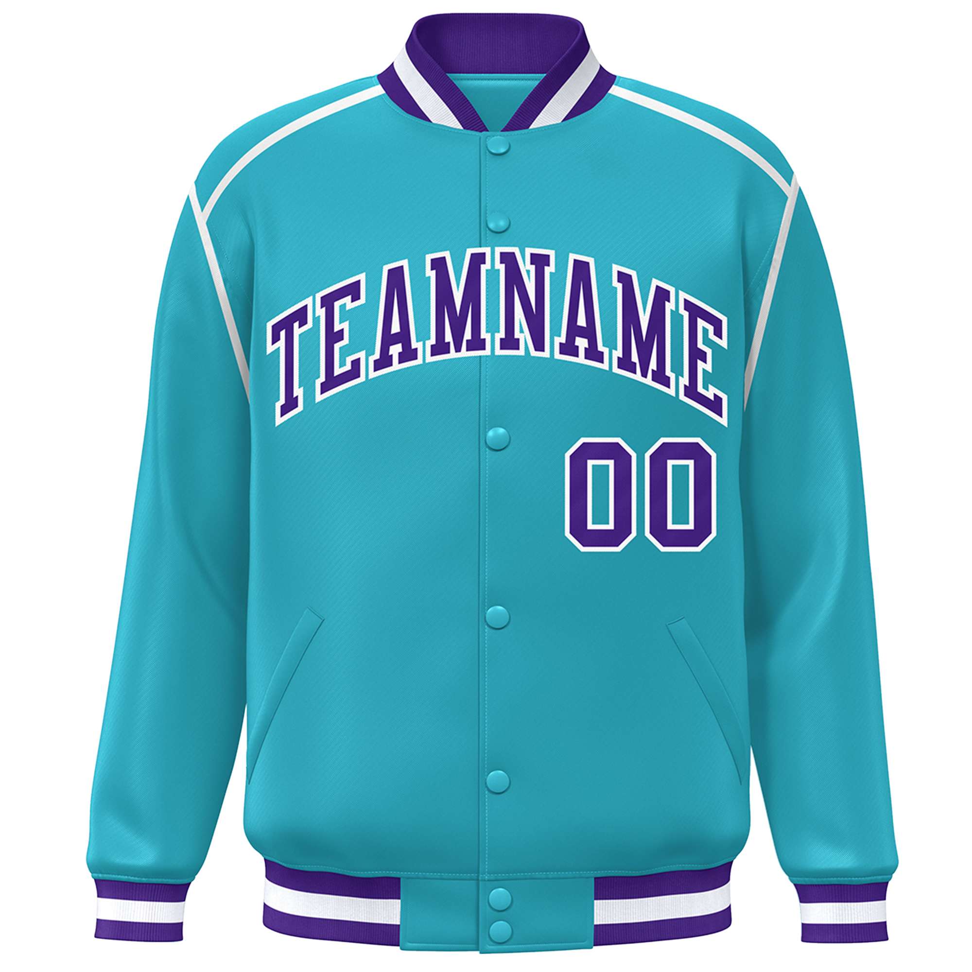 Custom Aqua Purple-White Color Block Ribbon Varsity Full-Snap Bomber Jacket