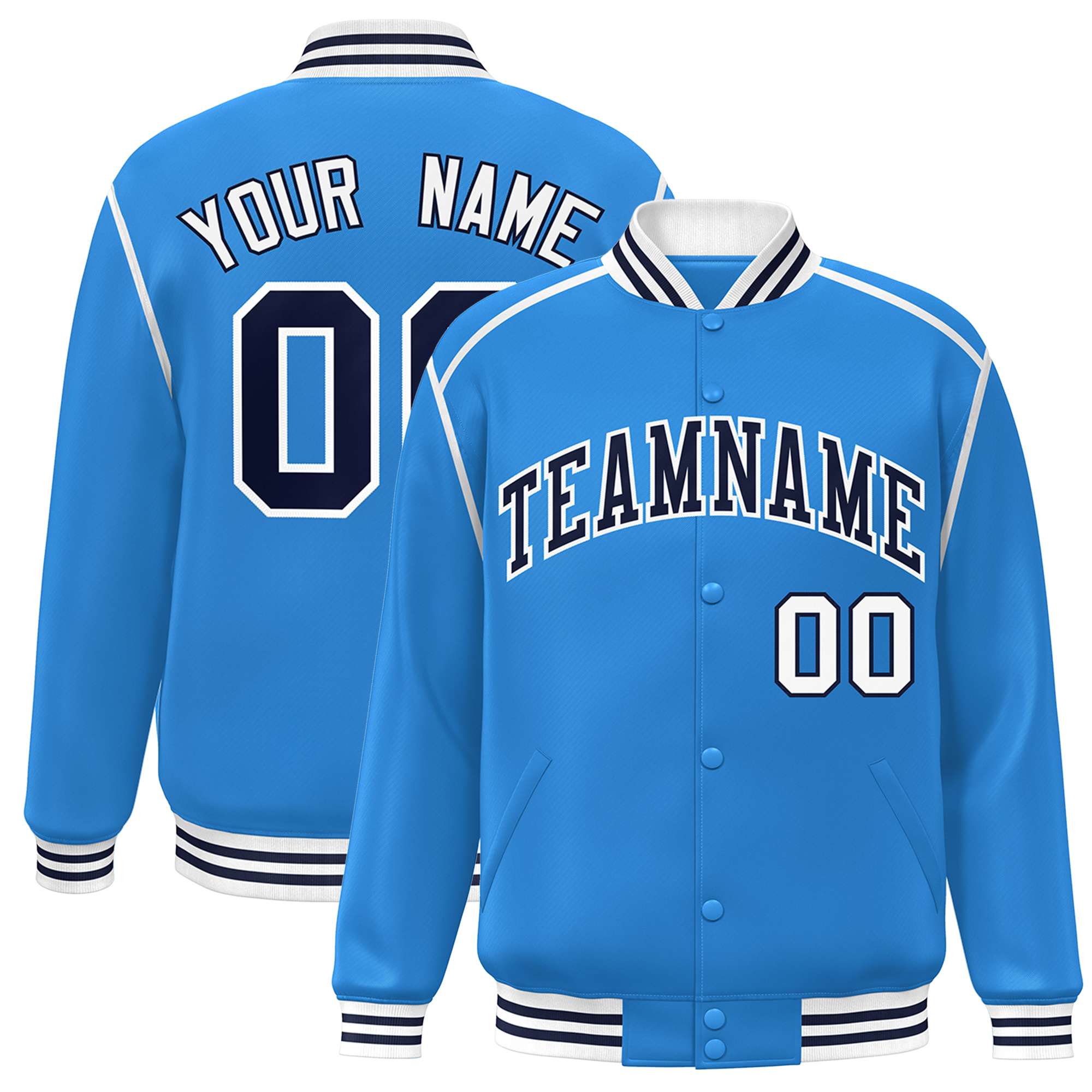 Custom Powder Blue Navy-White Color Block Ribbon Varsity Full-Snap Bomber Jacket