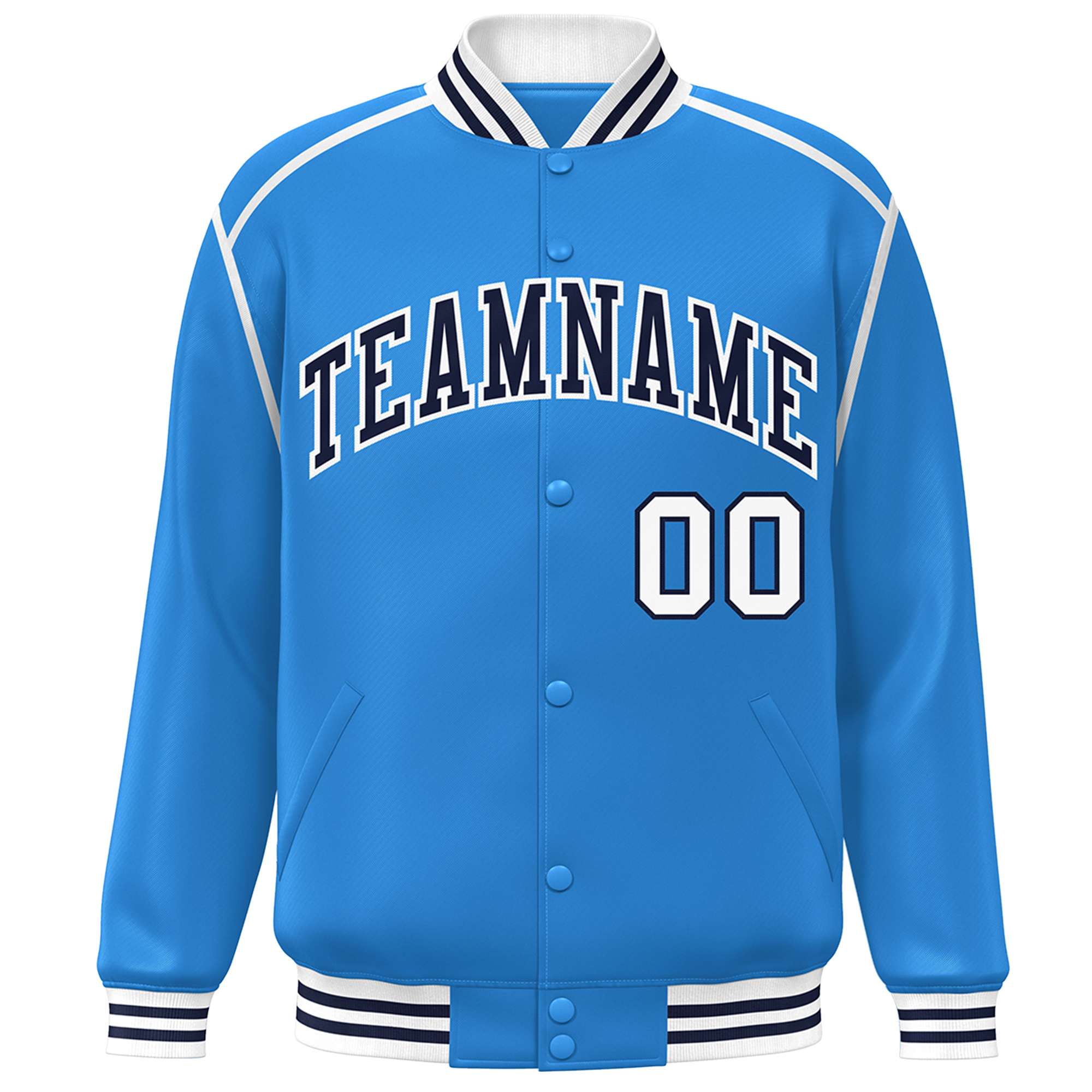 Custom Powder Blue Navy-White Color Block Ribbon Varsity Full-Snap Bomber Jacket