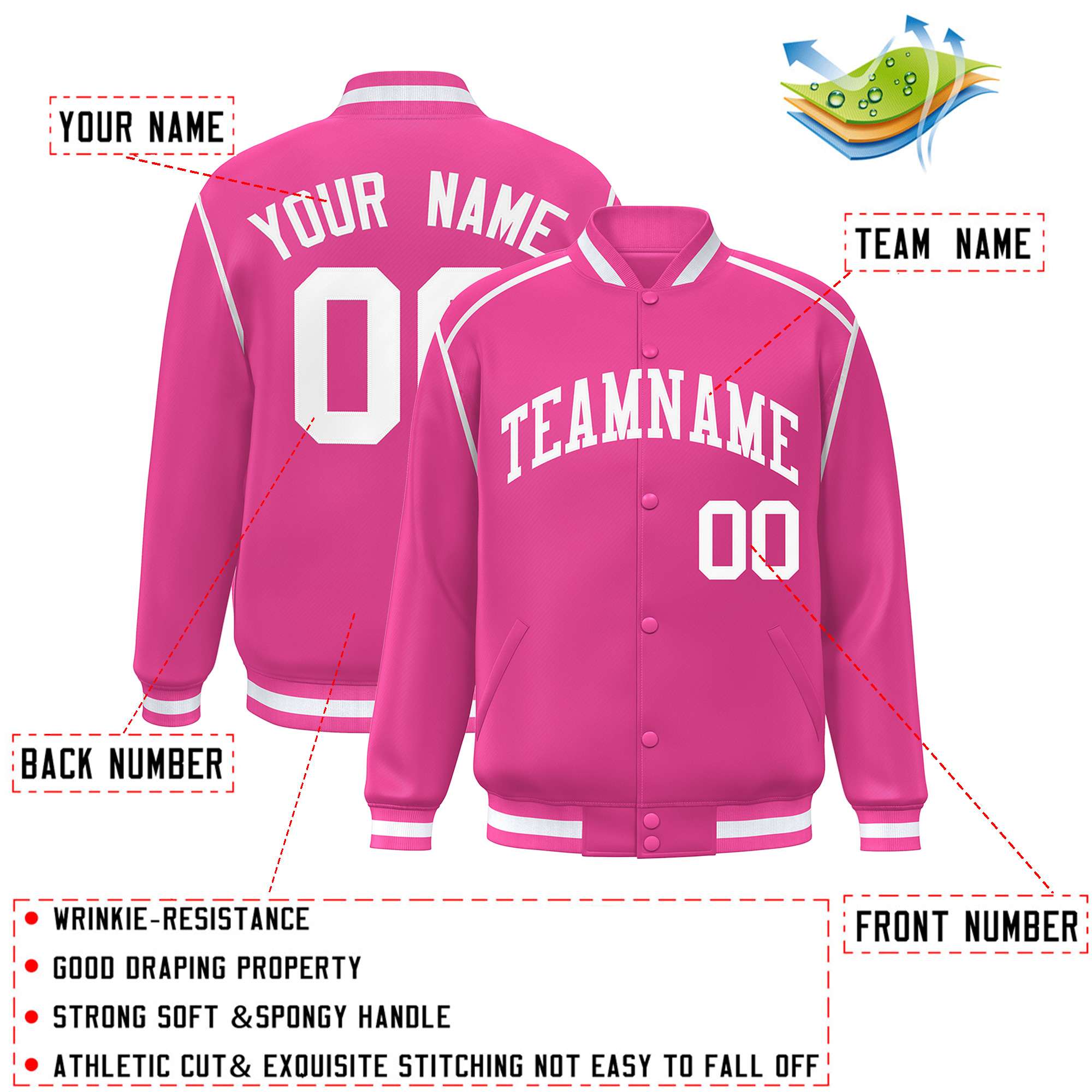 Custom Pink White Color Block Ribbon Varsity Full-Snap Bomber Jacket