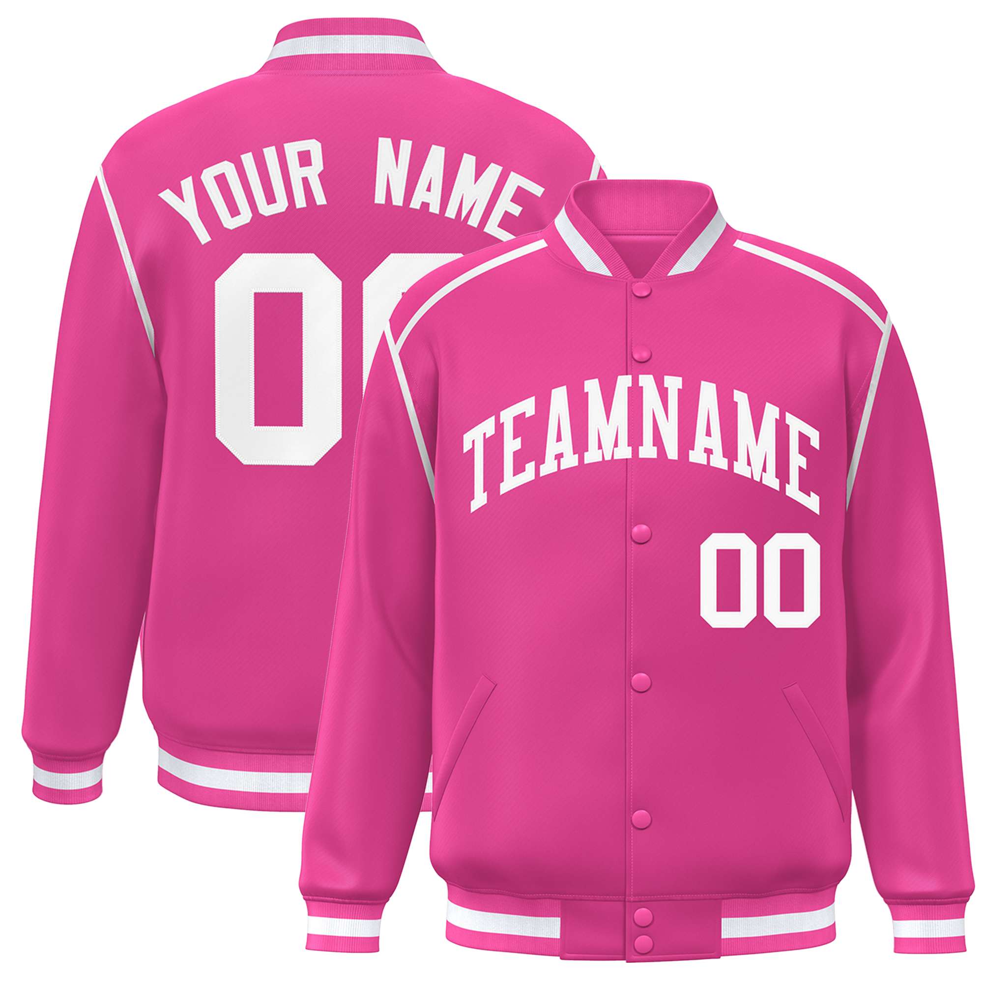 Custom Pink White Color Block Ribbon Varsity Full-Snap Bomber Jacket