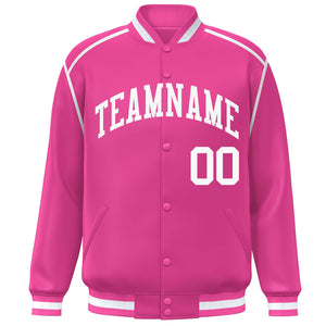 Custom Pink White Color Block Ribbon Varsity Full-Snap Bomber Jacket