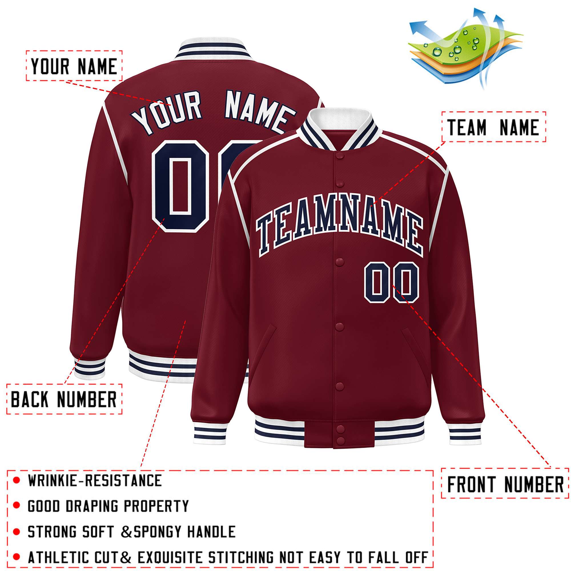 Custom Crimson Navy-White Color Block Ribbon Varsity Full-Snap Bomber Jacket