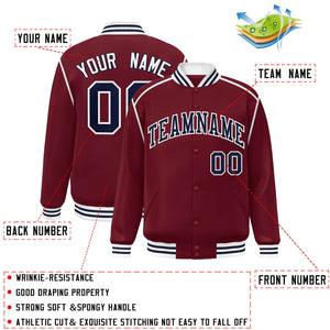 Custom Crimson Navy-White Color Block Ribbon Varsity Full-Snap Bomber Jacket