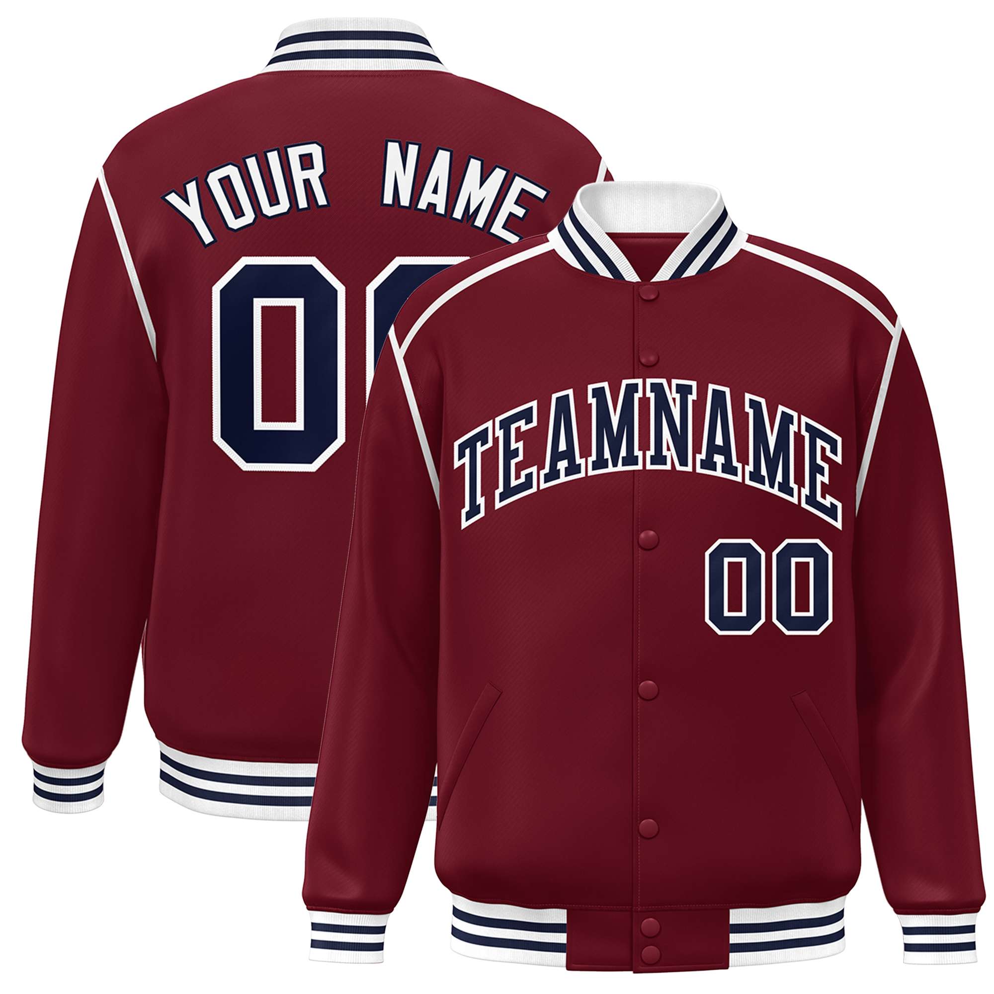 Custom Crimson Navy-White Color Block Ribbon Varsity Full-Snap Bomber Jacket