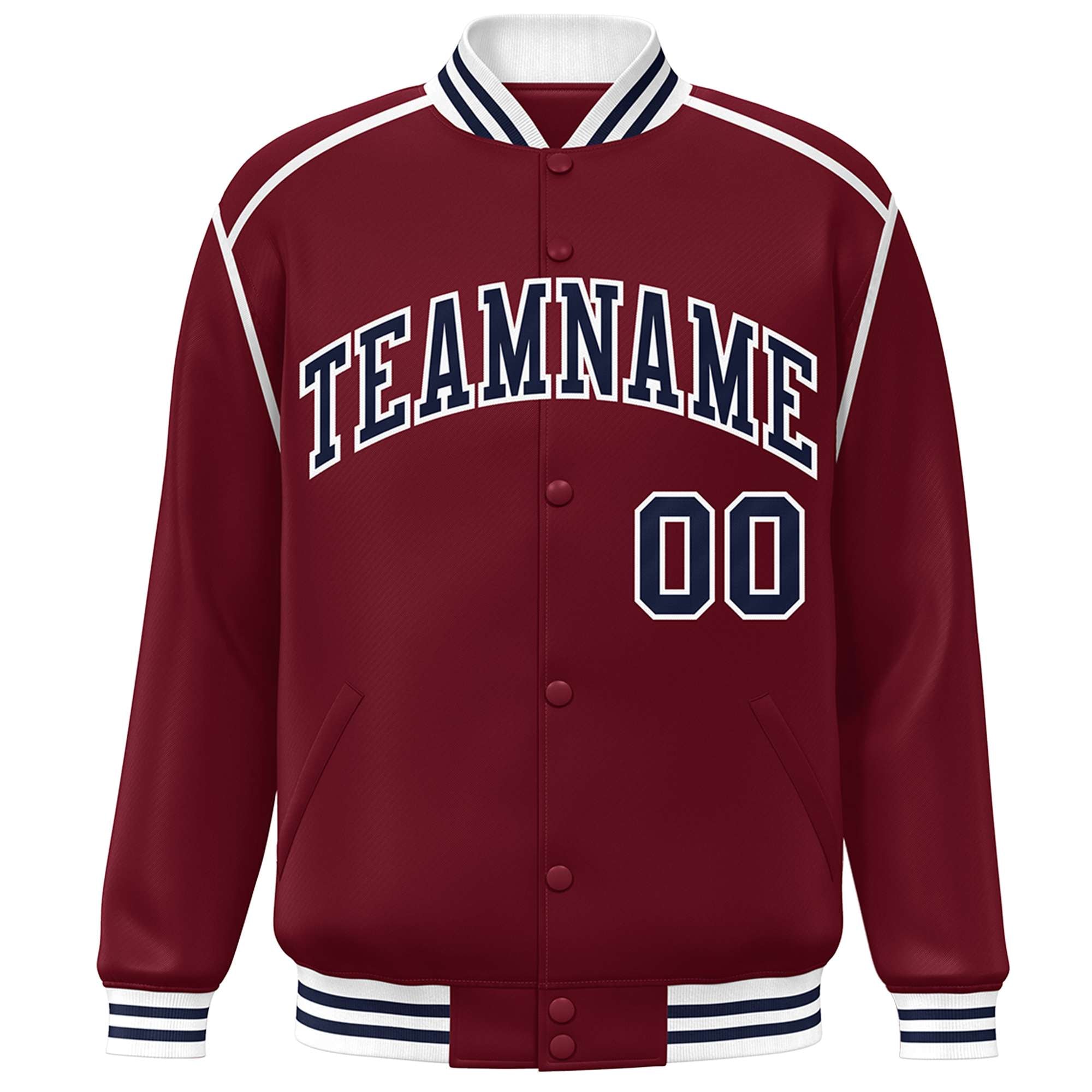 Custom Crimson Navy-White Color Block Ribbon Varsity Full-Snap Bomber Jacket