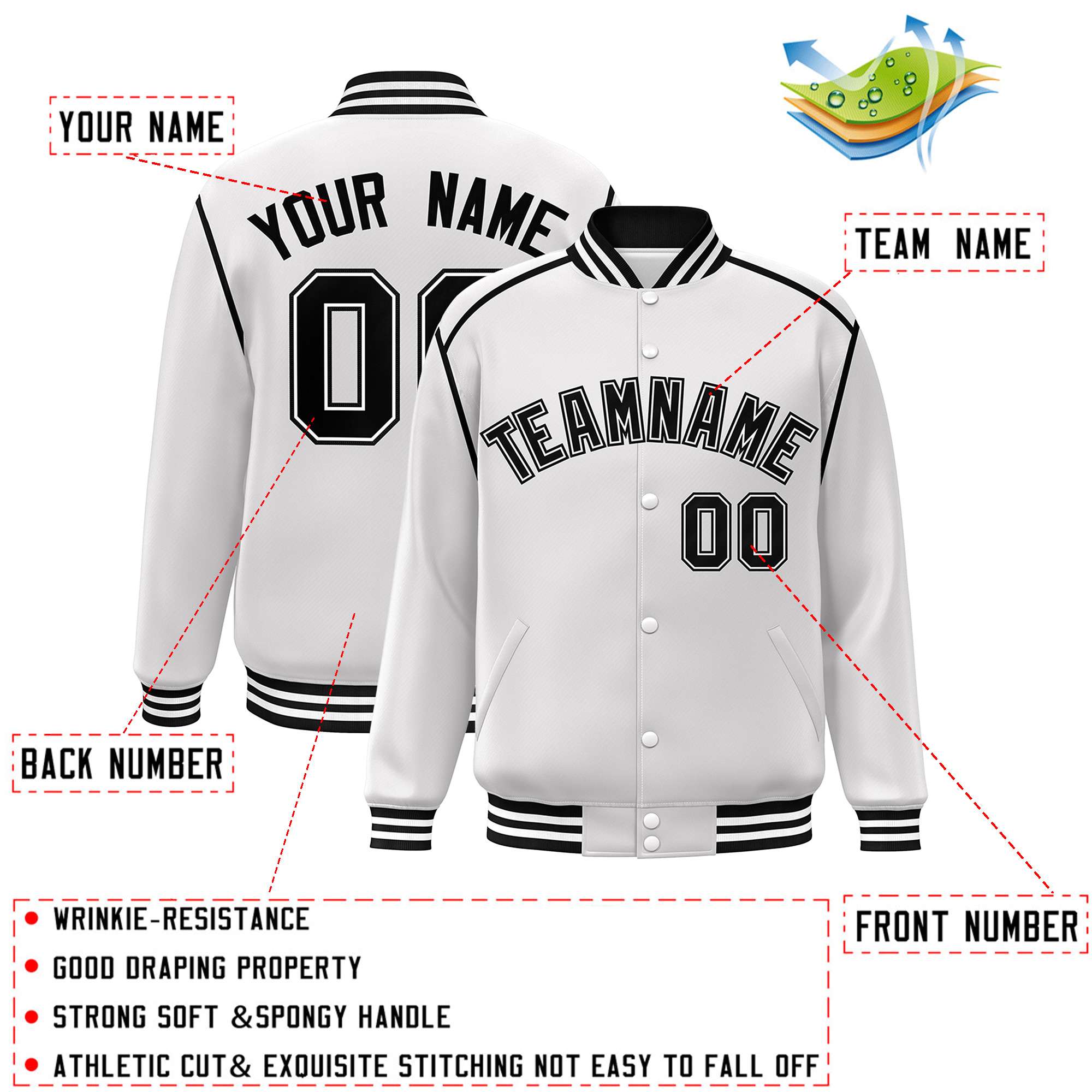 Custom White Black Color Block Ribbon Varsity Full-Snap Bomber Jacket