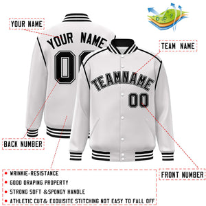 Custom White Black Color Block Ribbon Varsity Full-Snap Bomber Jacket