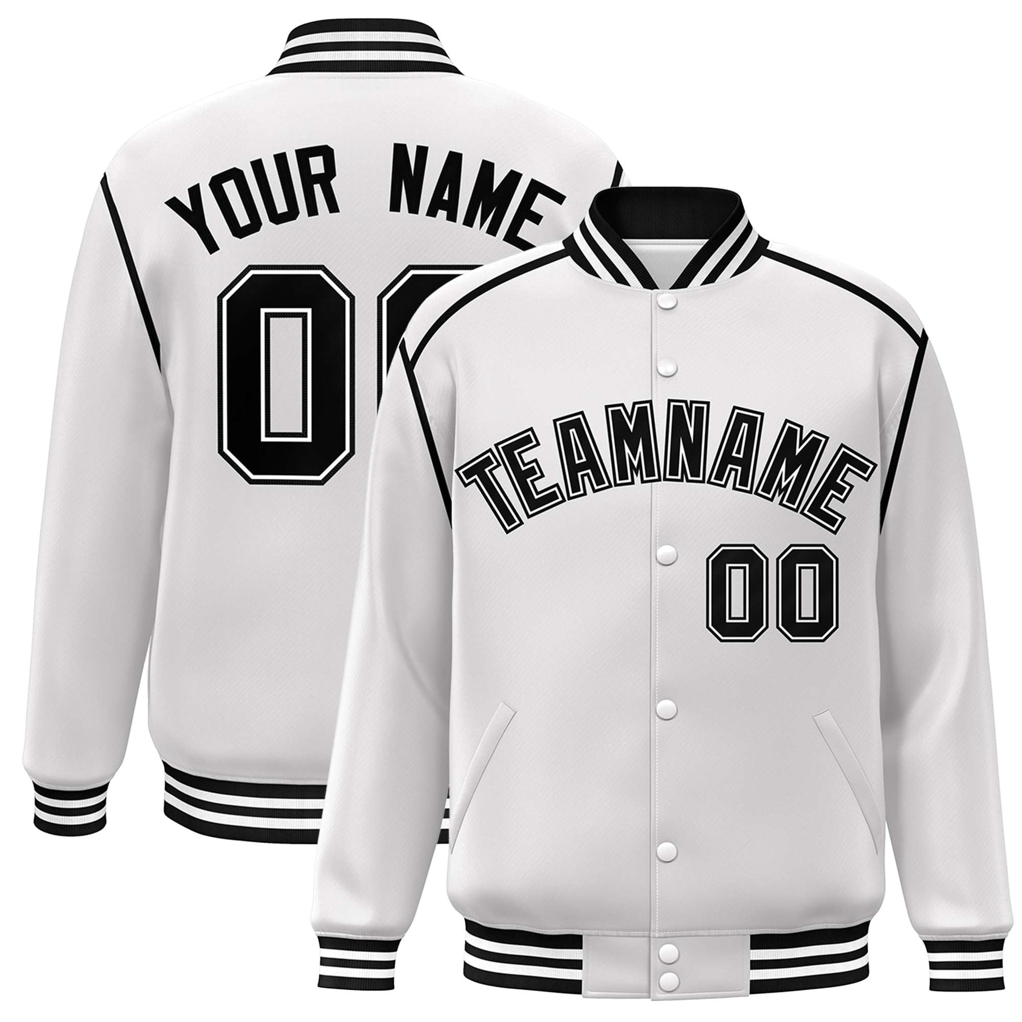 Custom White Black Color Block Ribbon Varsity Full-Snap Bomber Jacket