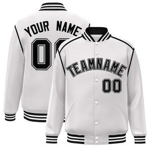 Custom White Black Color Block Ribbon Varsity Full-Snap Bomber Jacket