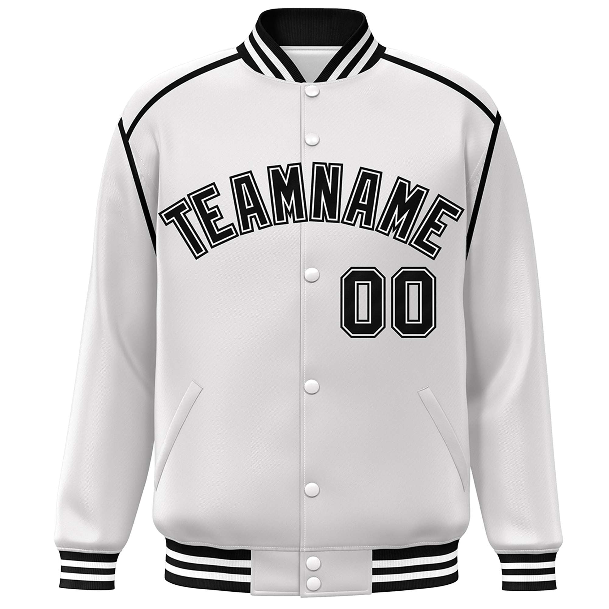 Custom White Black Color Block Ribbon Varsity Full-Snap Bomber Jacket