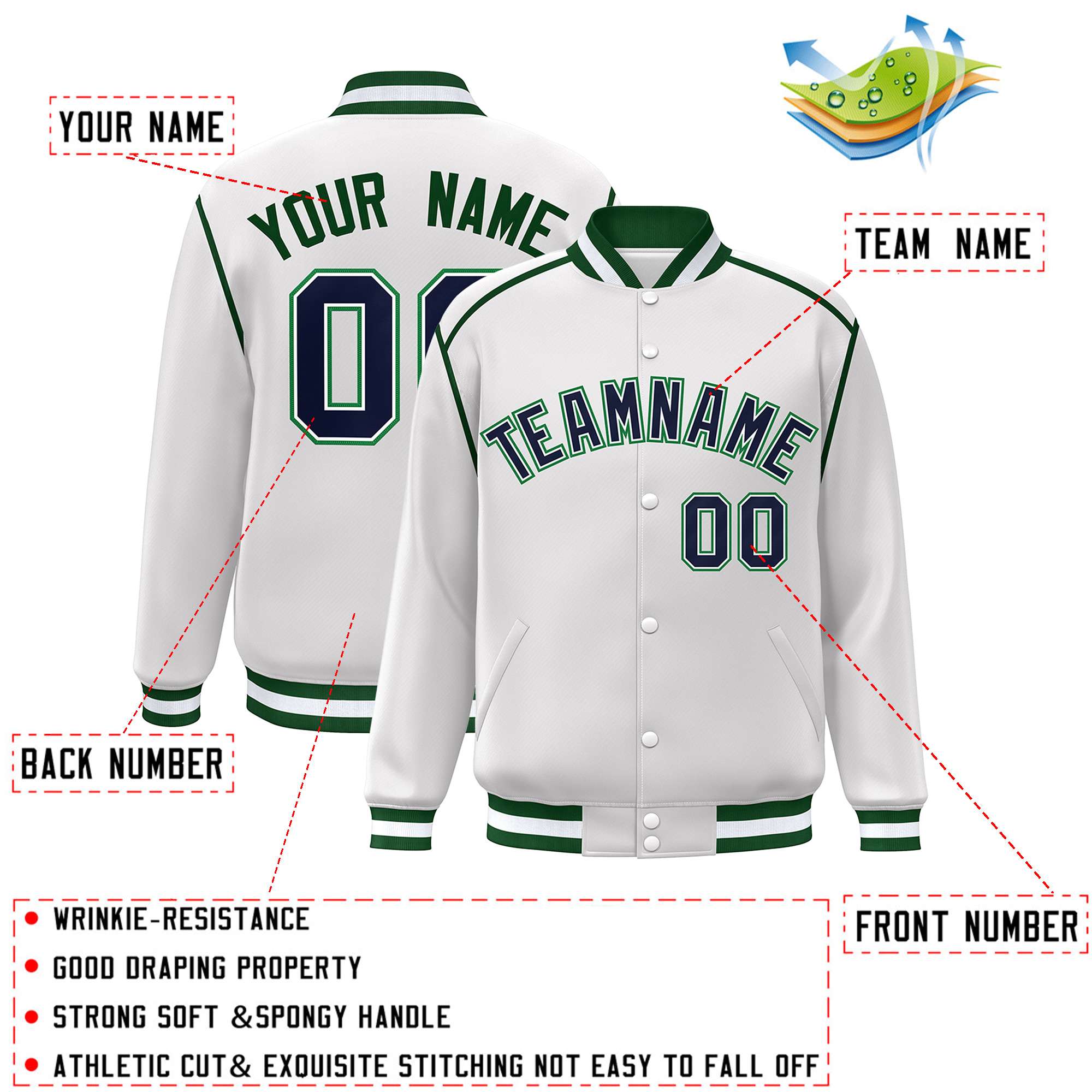 Custom White Navy-Green Color Block Ribbon Varsity Full-Snap Bomber Jacket